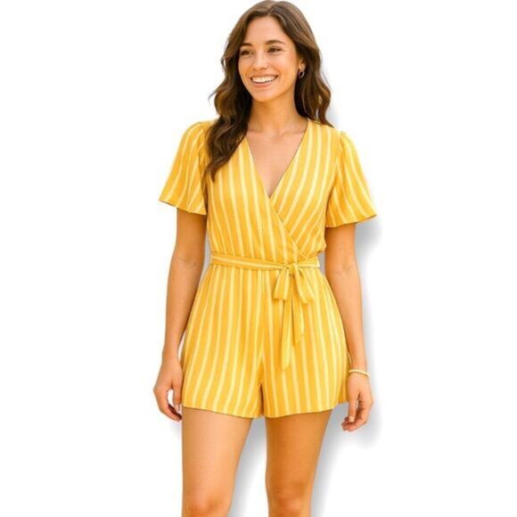 Altar’d State S Yellow White Striped Romper Tie Waist Open Back Boho Summer Chi - Picture 1 of 8